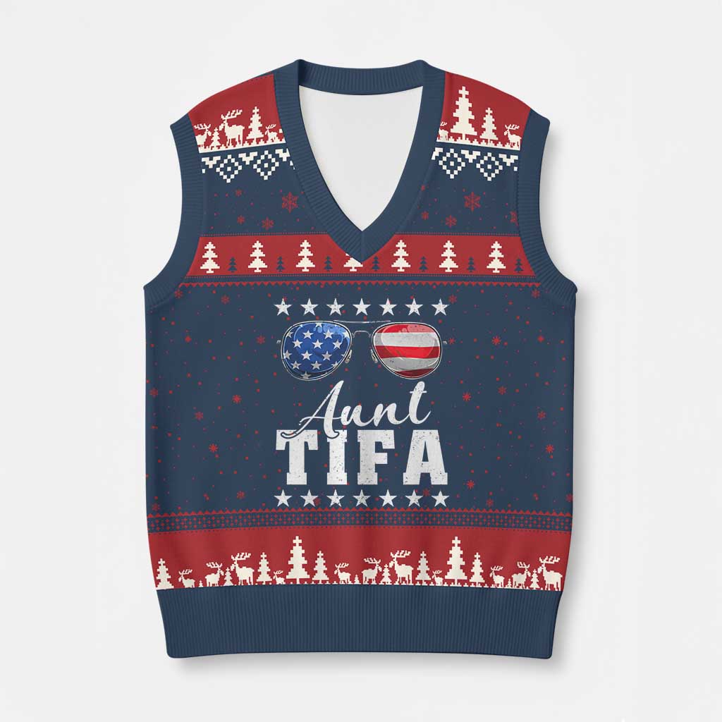 Funny Aunt Tifa V-Neck Knit Sweater Vest Political Satire American Flag Sunglasses - Wonder Print Shop