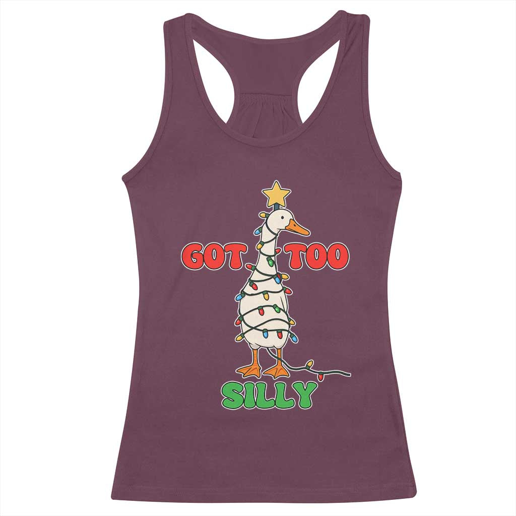 Funny Christmas Silly Goose Racerback Tank Top Got Too Silly Goose Pun Humor Xmas Tree - Wonder Print Shop