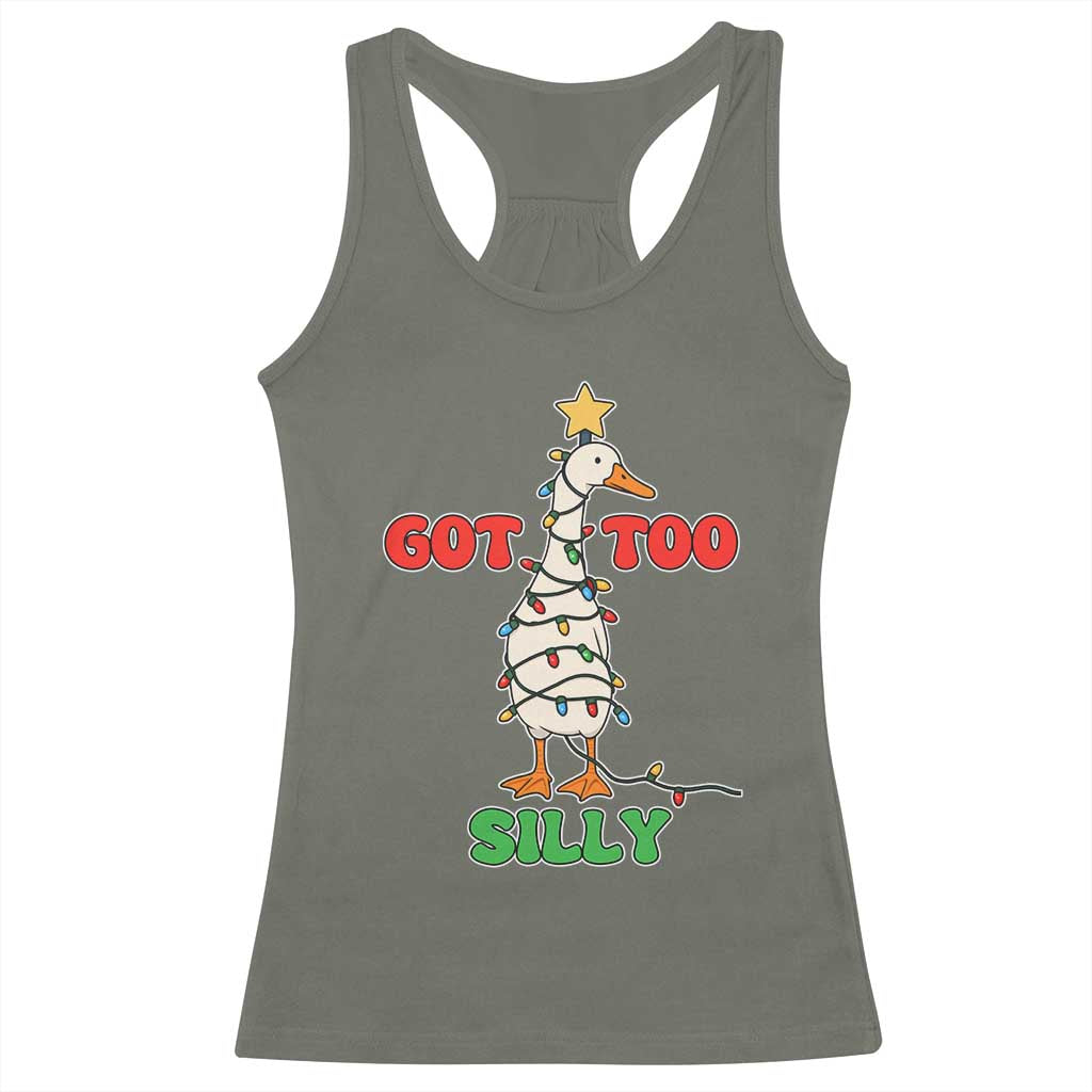Funny Christmas Silly Goose Racerback Tank Top Got Too Silly Goose Pun Humor Xmas Tree - Wonder Print Shop