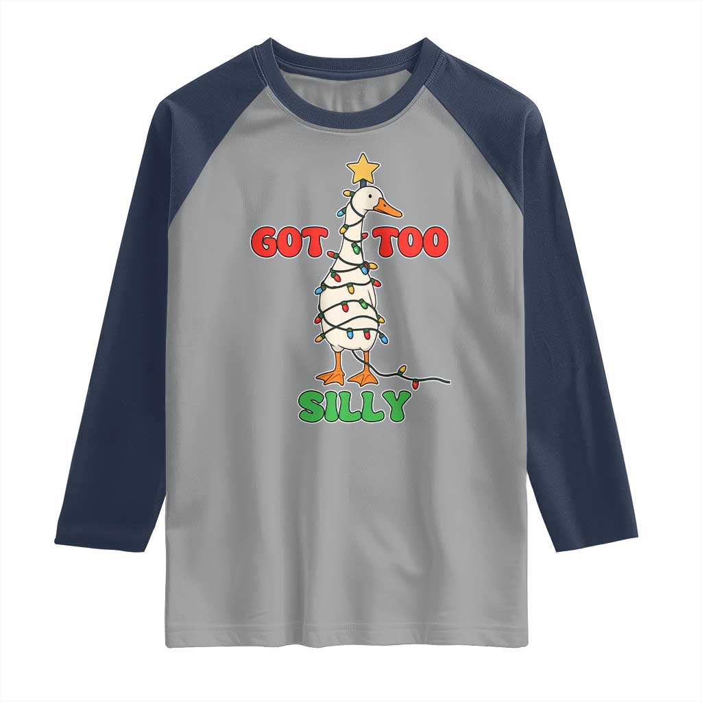 Funny Christmas Silly Goose Raglan Shirt Got Too Silly Goose Pun Humor Xmas Tree - Wonder Print Shop