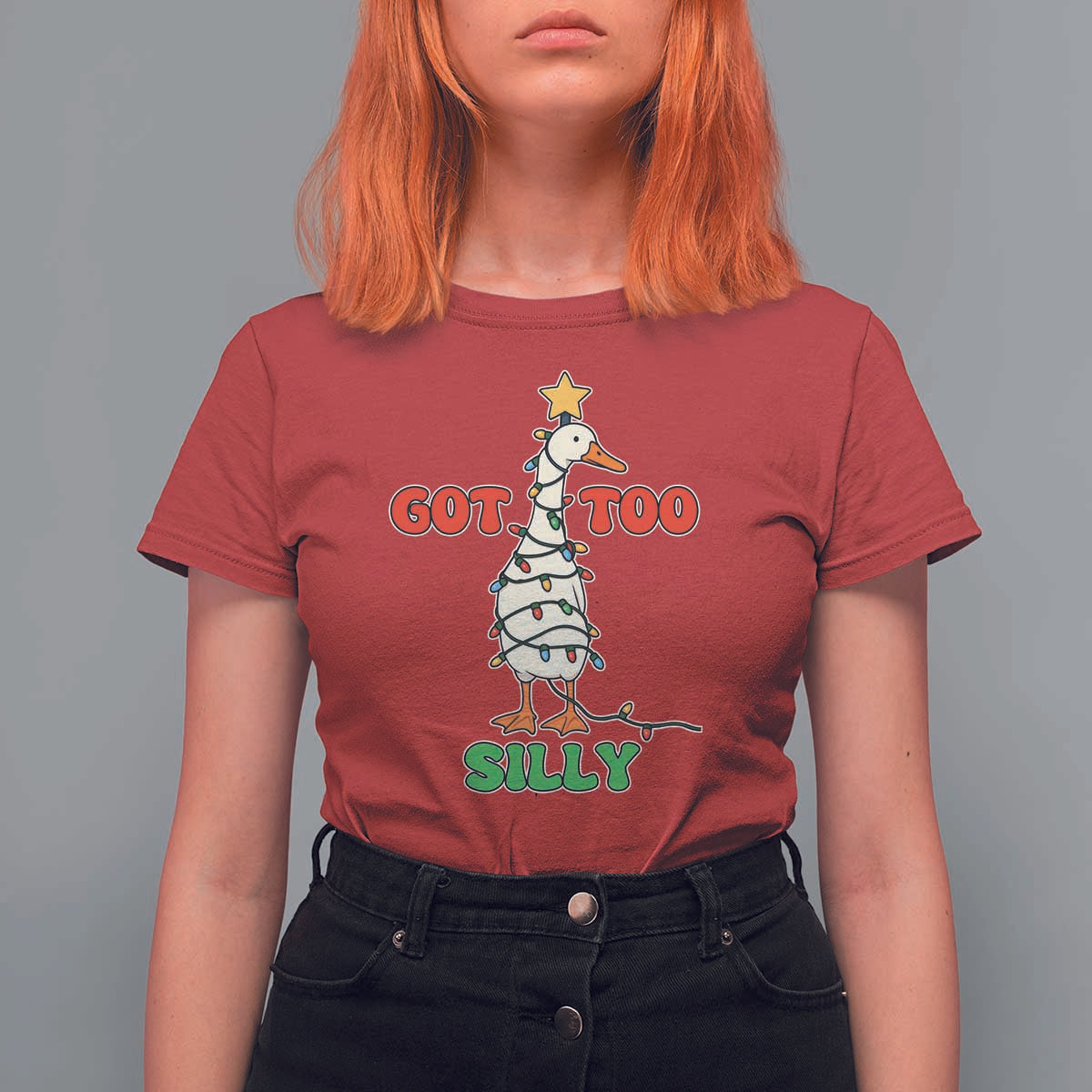 Funny Christmas Silly Goose T Shirt For Women Got Too Silly Goose Pun Humor Xmas Tree - Wonder Print Shop