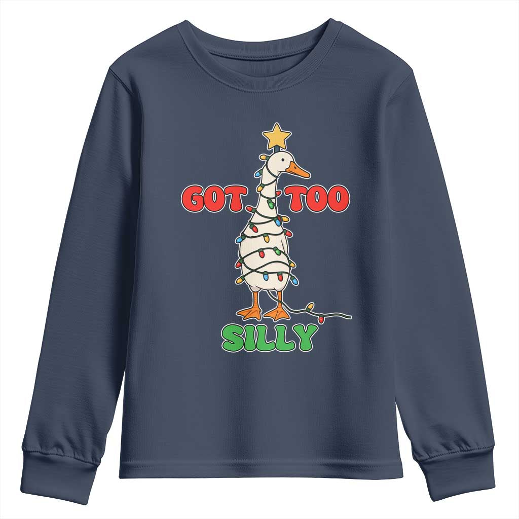Funny Christmas Silly Goose Youth Sweatshirt Got Too Silly Goose Pun Humor Xmas Tree - Wonder Print Shop