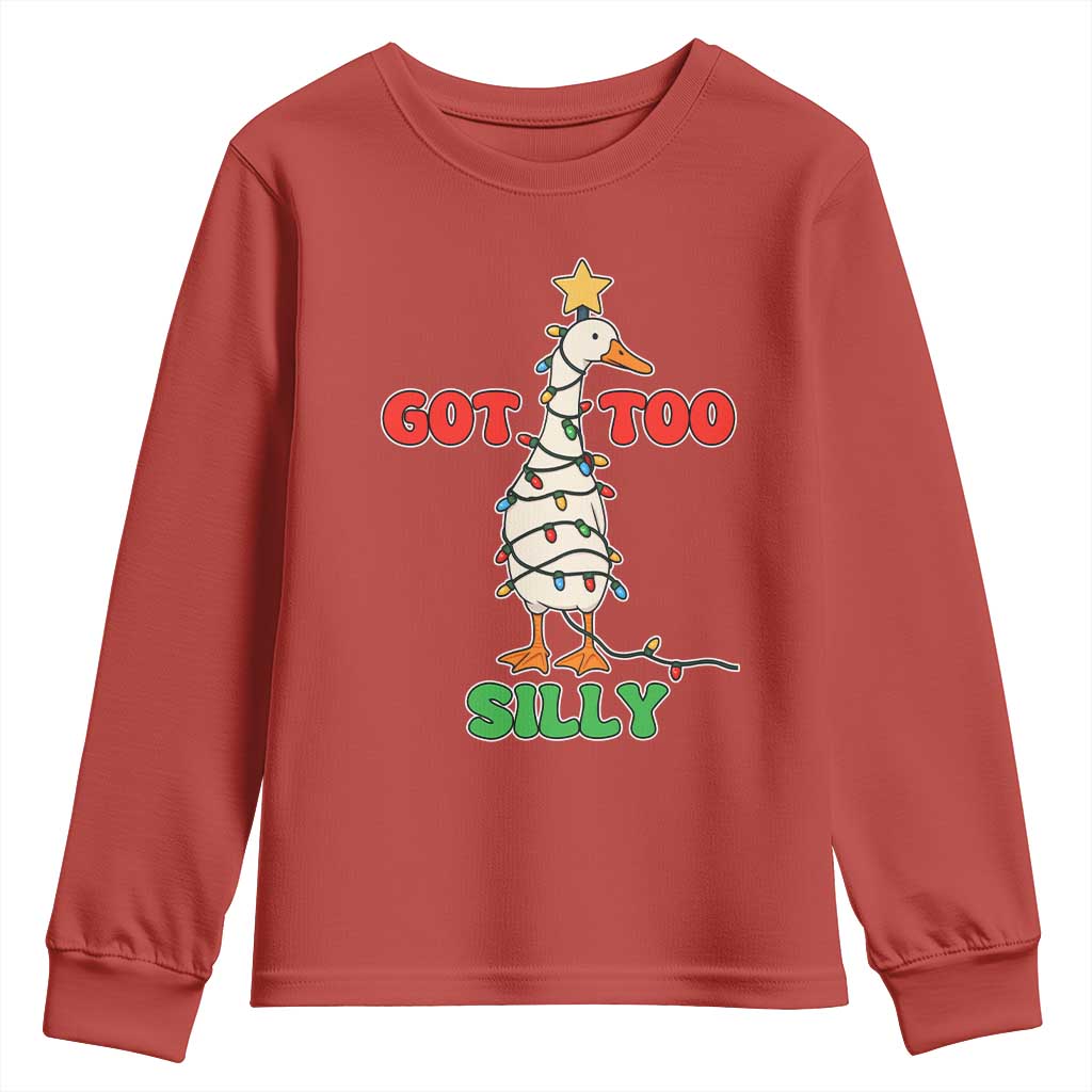 Funny Christmas Silly Goose Youth Sweatshirt Got Too Silly Goose Pun Humor Xmas Tree - Wonder Print Shop