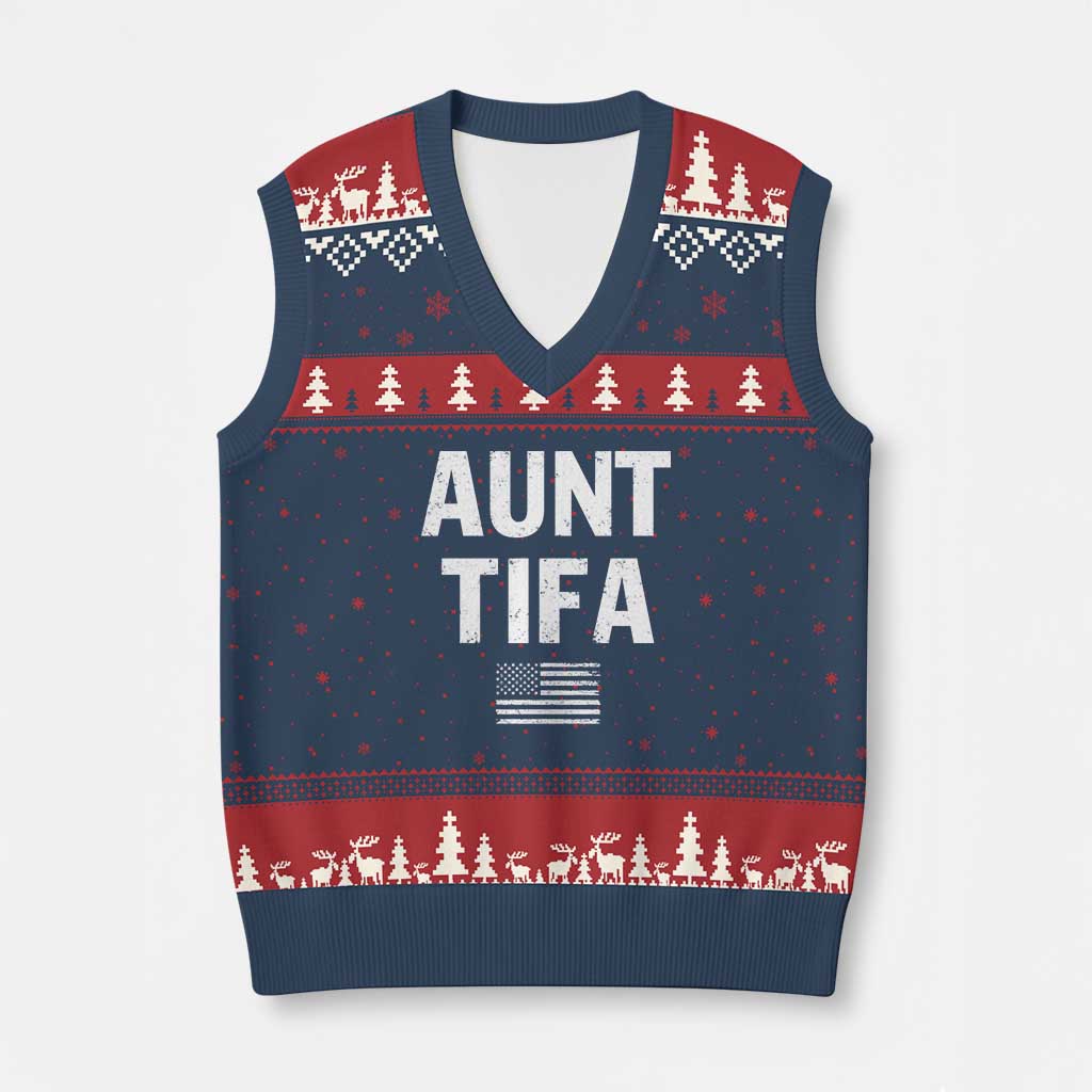 Funny Aunt Tifa V-Neck Knit Sweater Vest Political Satire Vintage American Flag - Wonder Print Shop
