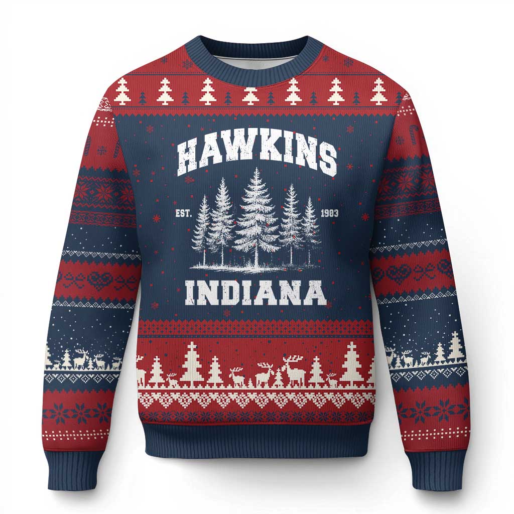 Funny Hawkins Sci Fi Lover Ugly Christmas Sweater Indiana Strangers Pine Tree - Wonder Print Shop