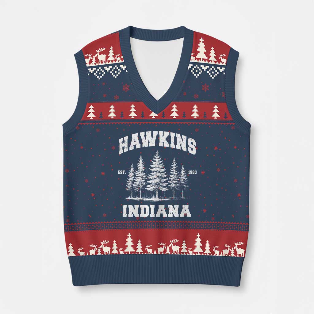 Funny Hawkins Sci Fi Lover V-Neck Knit Sweater Vest Indiana Strangers Pine Tree - Wonder Print Shop
