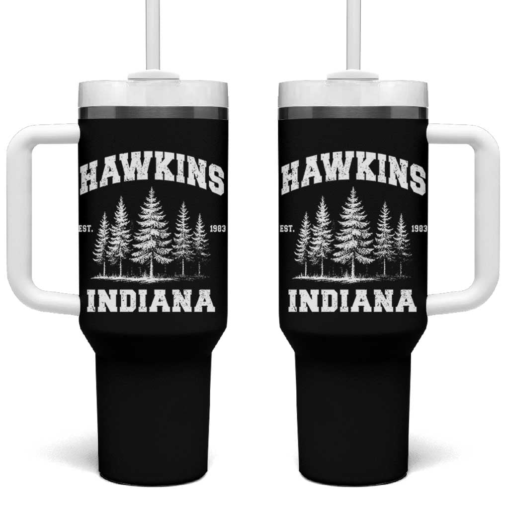 Funny Hawkins Sci Fi Lover Tumbler With Handle Indiana Strangers Pine Tree - Wonder Print Shop