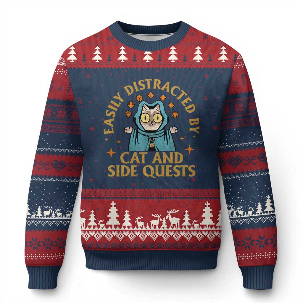 Funny Easily Distracted By Cats And Side Quests Ugly Christmas Sweater RPG Tabletop Gamer - Wonder Print Shop