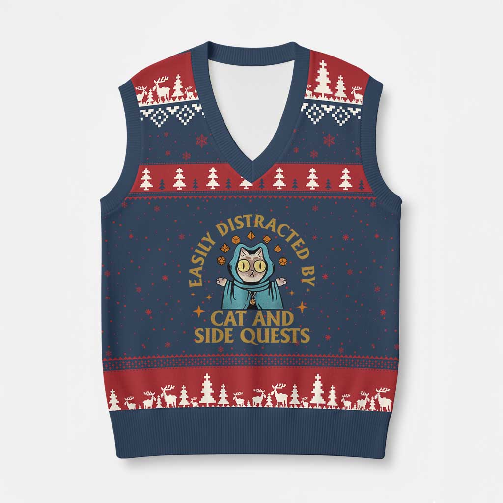 Funny Easily Distracted By Cats And Side Quests V-Neck Knit Sweater Vest RPG Tabletop Gamer - Wonder Print Shop