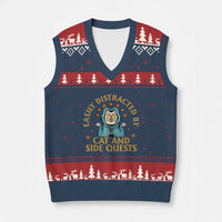 Funny Easily Distracted By Cats And Side Quests V-Neck Knit Sweater Vest RPG Tabletop Gamer - Wonder Print Shop