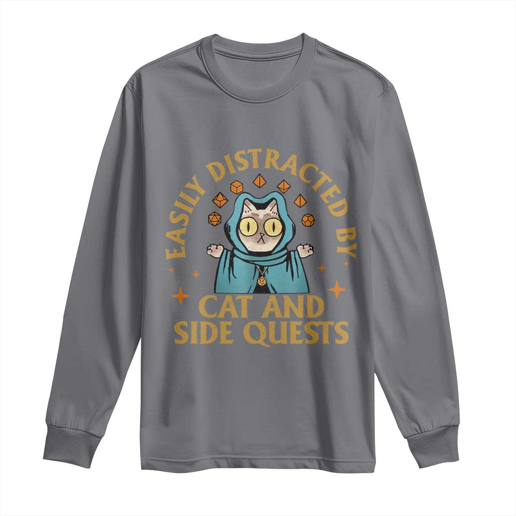 Funny Easily Distracted By Cats And Side Quests Long Sleeve Shirt RPG Tabletop Gamer - Wonder Print Shop