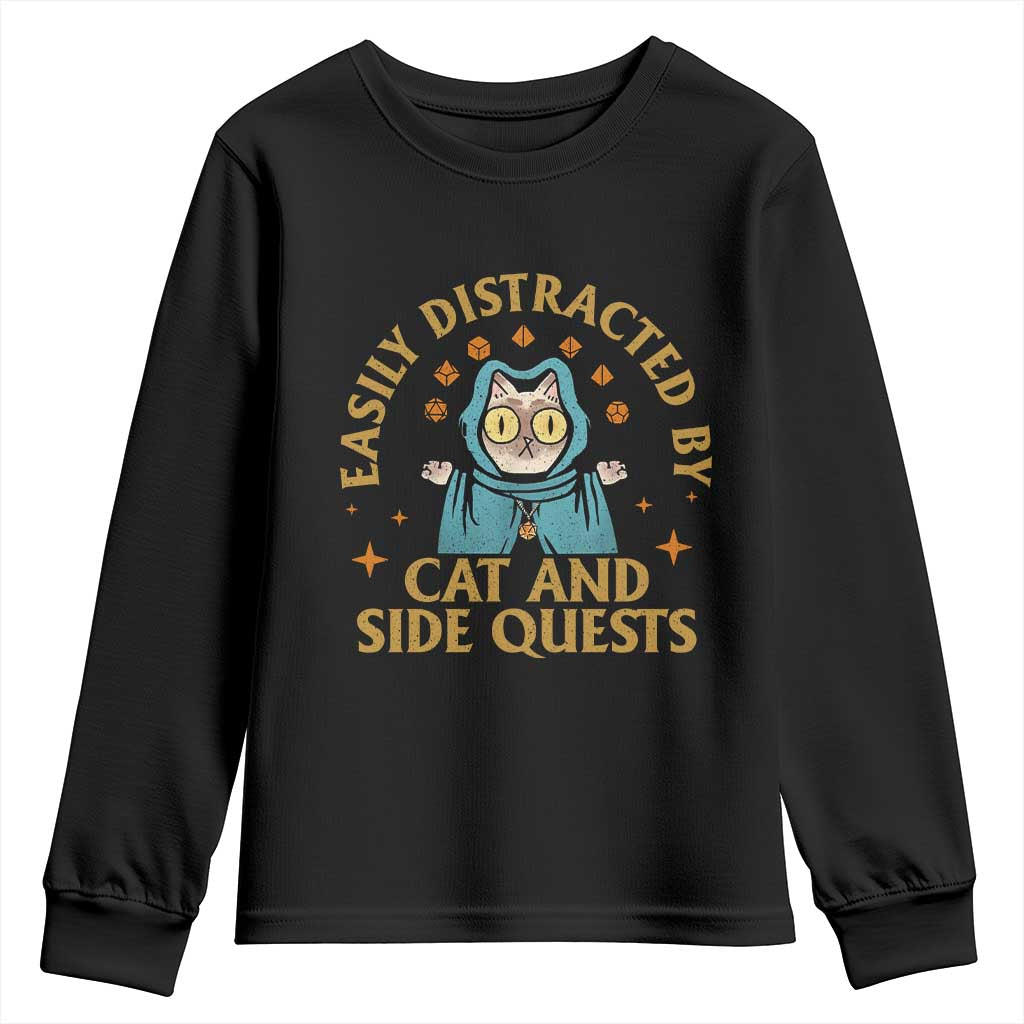 Funny Easily Distracted By Cats And Side Quests Youth Sweatshirt RPG Tabletop Gamer - Wonder Print Shop