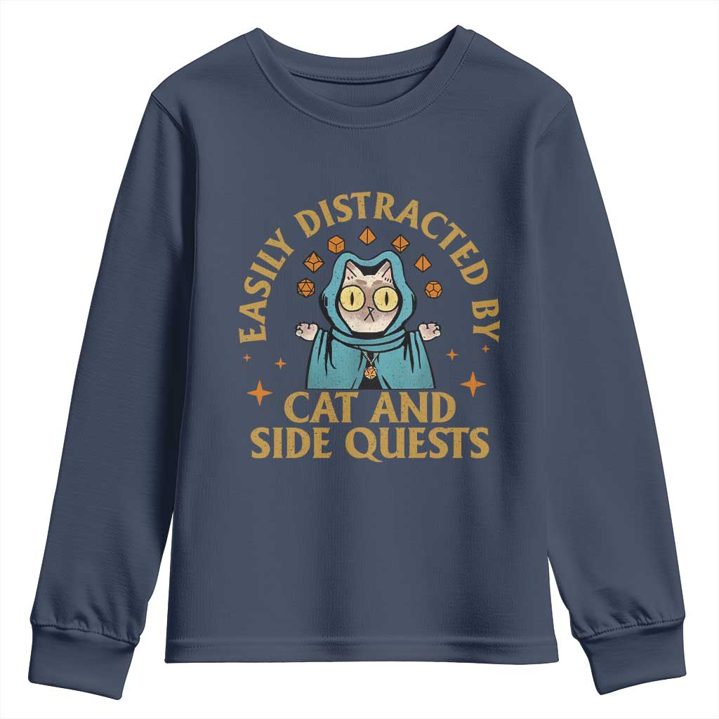 Funny Easily Distracted By Cats And Side Quests Youth Sweatshirt RPG Tabletop Gamer - Wonder Print Shop