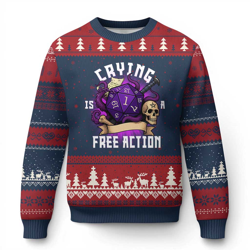 Funny RPG Gamer Crying Is A Free Action Ugly Christmas Sweater Vintage D20 Side Quests Tabletop - Wonder Print Shop