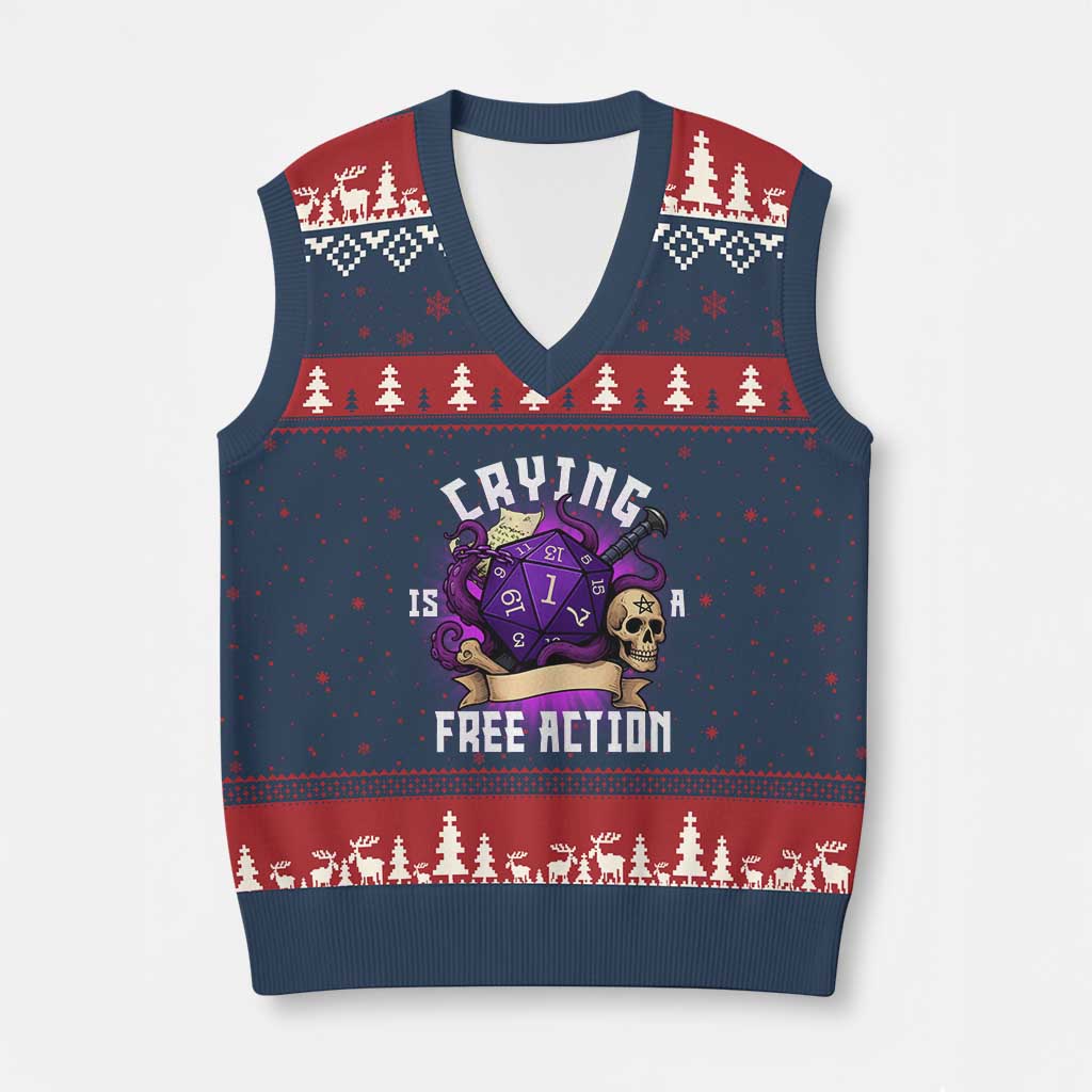 Funny RPG Gamer Crying Is A Free Action V-Neck Knit Sweater Vest Vintage D20 Side Quests Tabletop - Wonder Print Shop