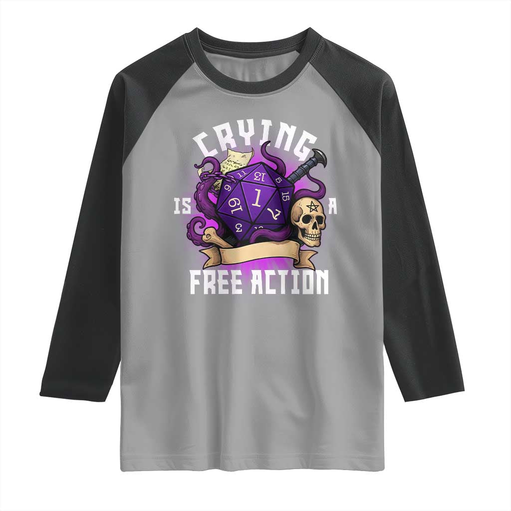 Funny RPG Gamer Crying Is A Free Action Raglan Shirt Vintage D20 Side Quests Tabletop - Wonder Print Shop