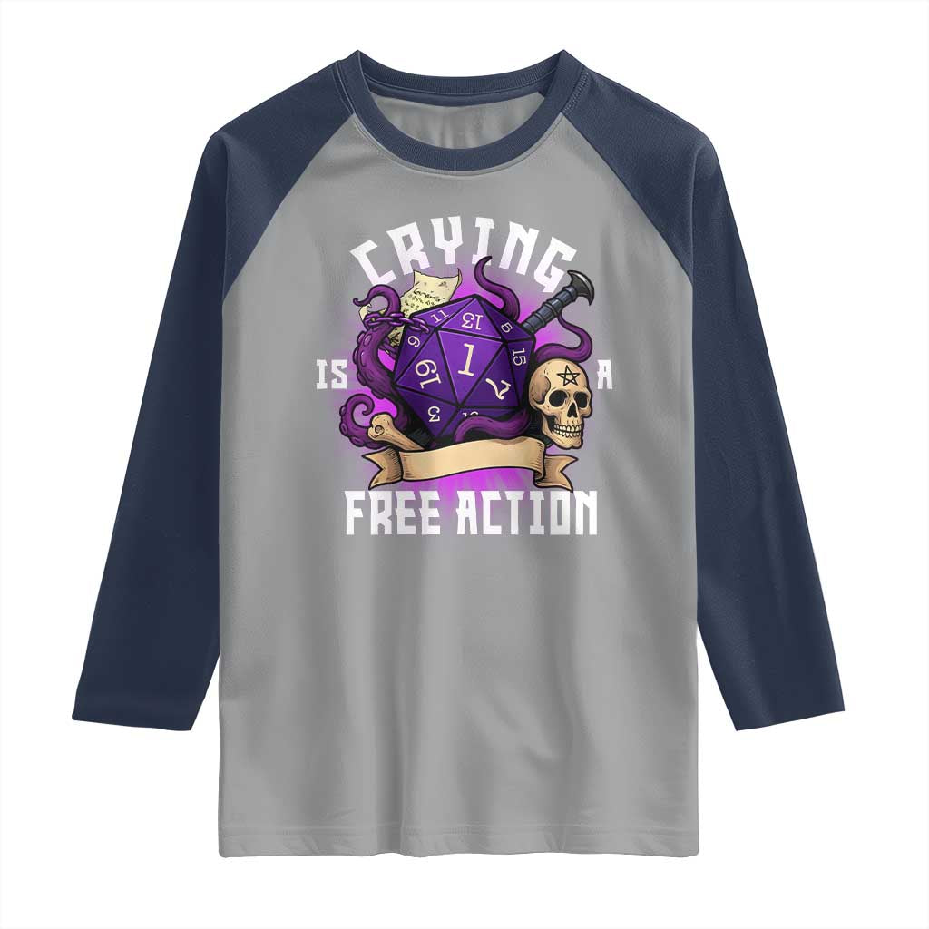 Funny RPG Gamer Crying Is A Free Action Raglan Shirt Vintage D20 Side Quests Tabletop - Wonder Print Shop