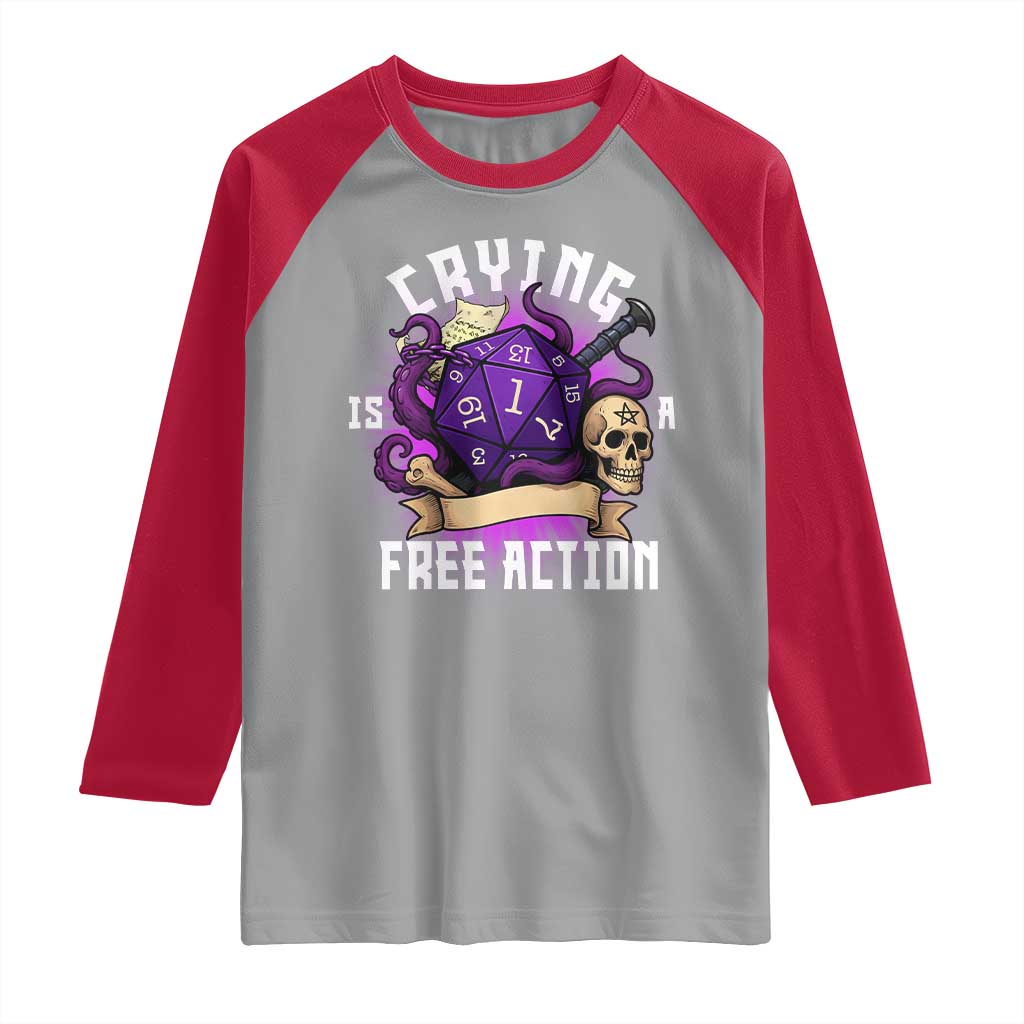 Funny RPG Gamer Crying Is A Free Action Raglan Shirt Vintage D20 Side Quests Tabletop - Wonder Print Shop