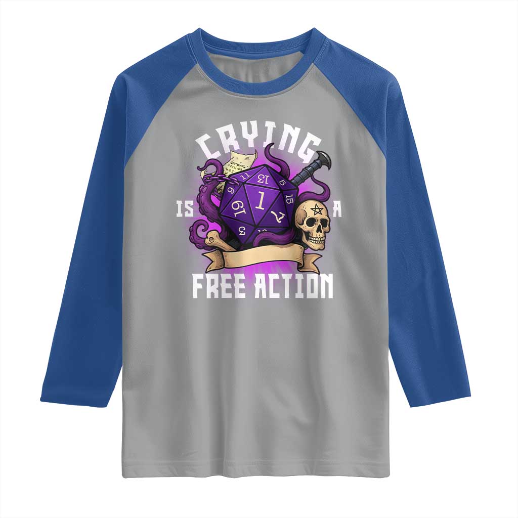 Funny RPG Gamer Crying Is A Free Action Raglan Shirt Vintage D20 Side Quests Tabletop - Wonder Print Shop
