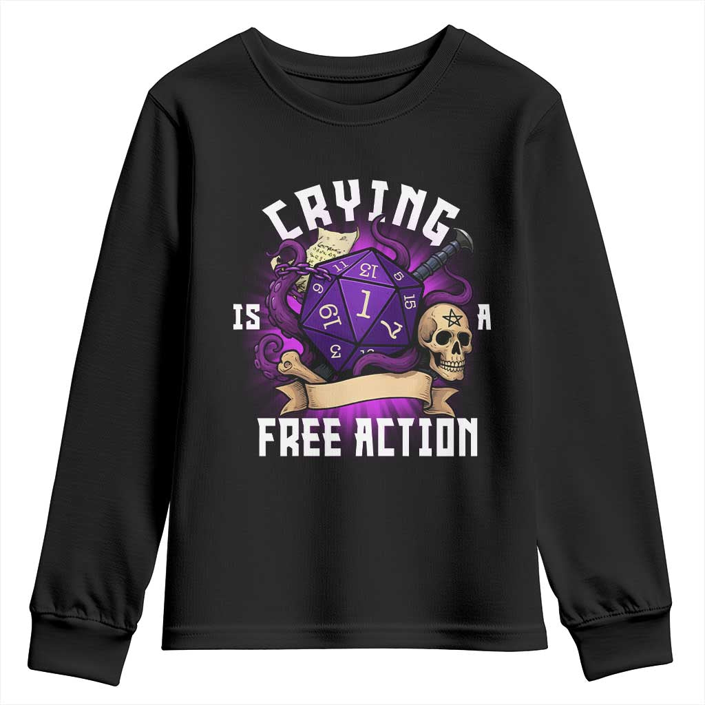 Funny RPG Gamer Crying Is A Free Action Youth Sweatshirt Vintage D20 Side Quests Tabletop - Wonder Print Shop