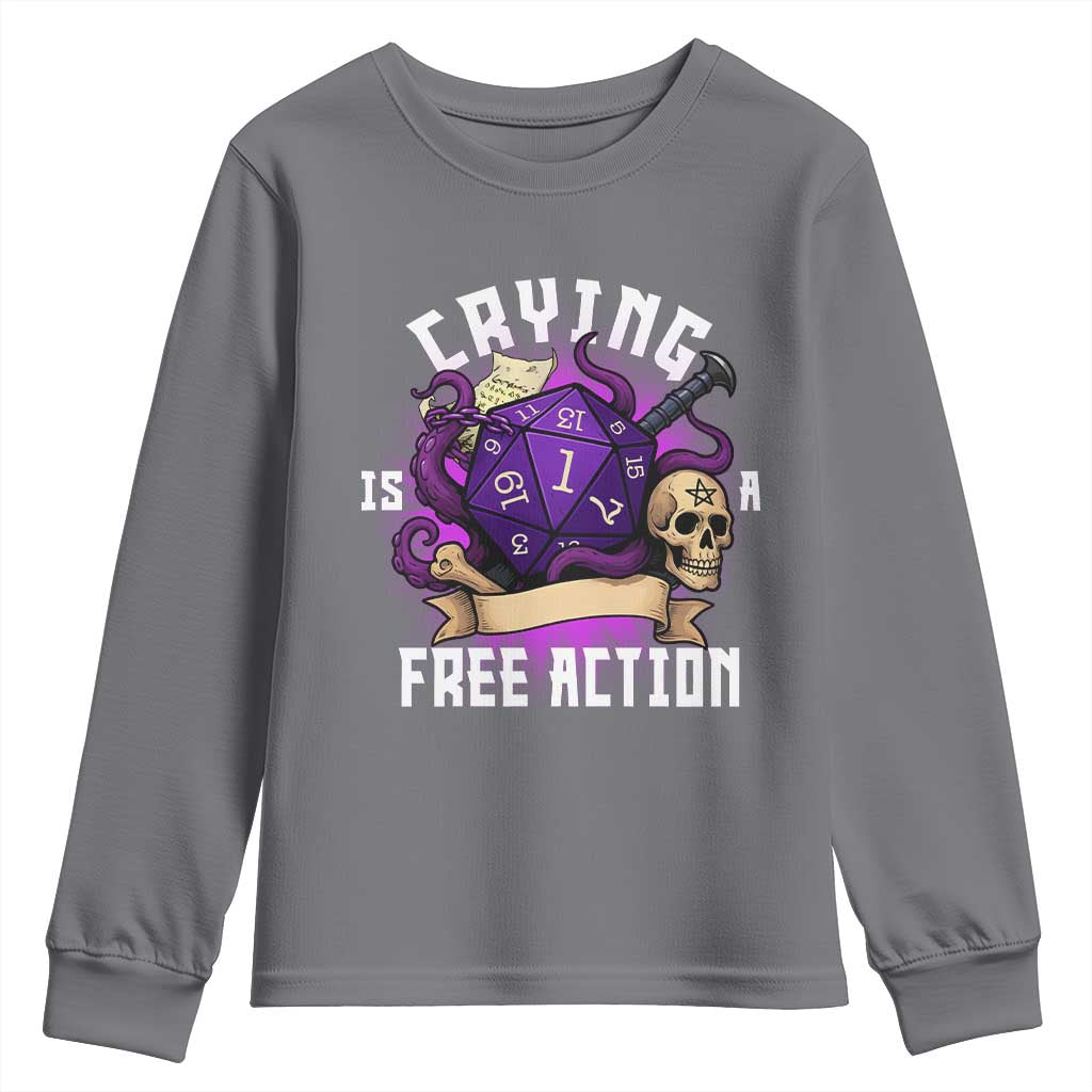 Funny RPG Gamer Crying Is A Free Action Youth Sweatshirt Vintage D20 Side Quests Tabletop - Wonder Print Shop