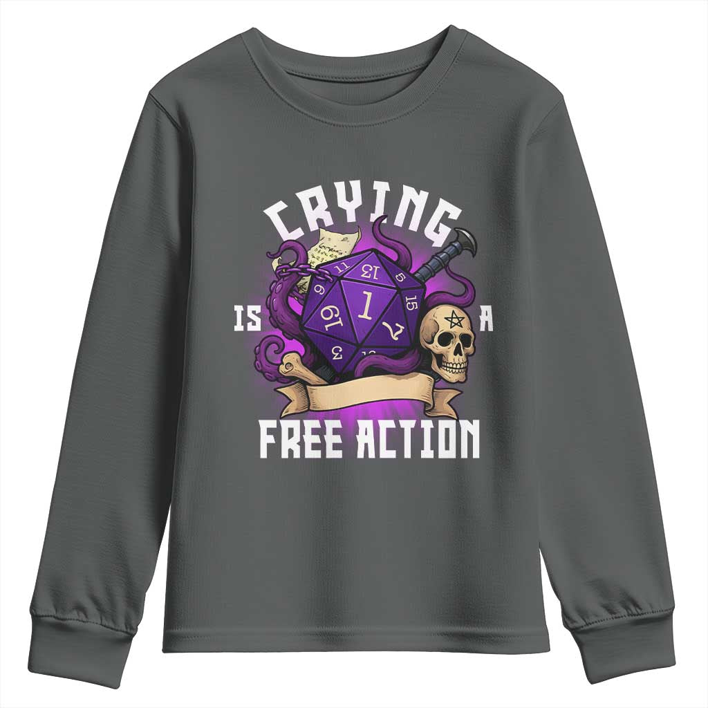 Funny RPG Gamer Crying Is A Free Action Youth Sweatshirt Vintage D20 Side Quests Tabletop - Wonder Print Shop