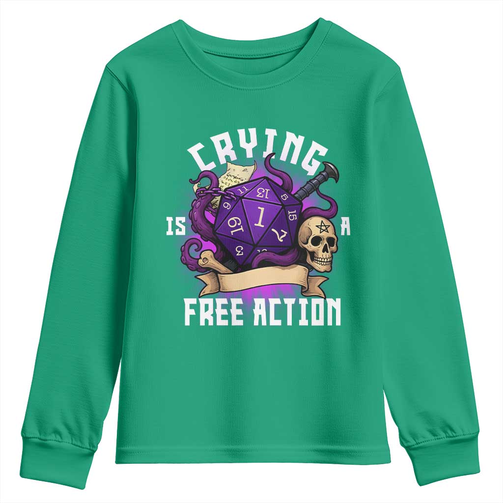Funny RPG Gamer Crying Is A Free Action Youth Sweatshirt Vintage D20 Side Quests Tabletop - Wonder Print Shop