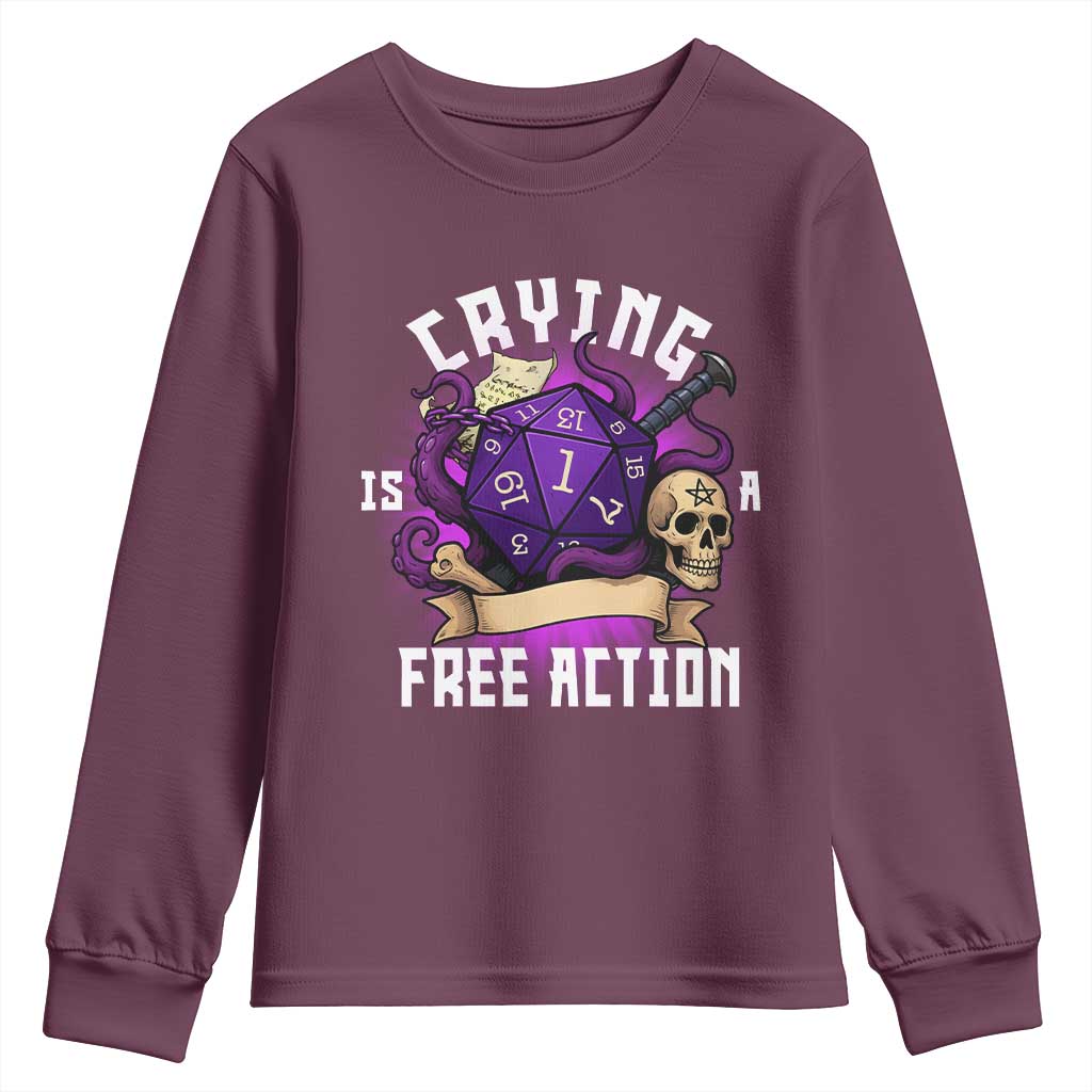 Funny RPG Gamer Crying Is A Free Action Youth Sweatshirt Vintage D20 Side Quests Tabletop - Wonder Print Shop