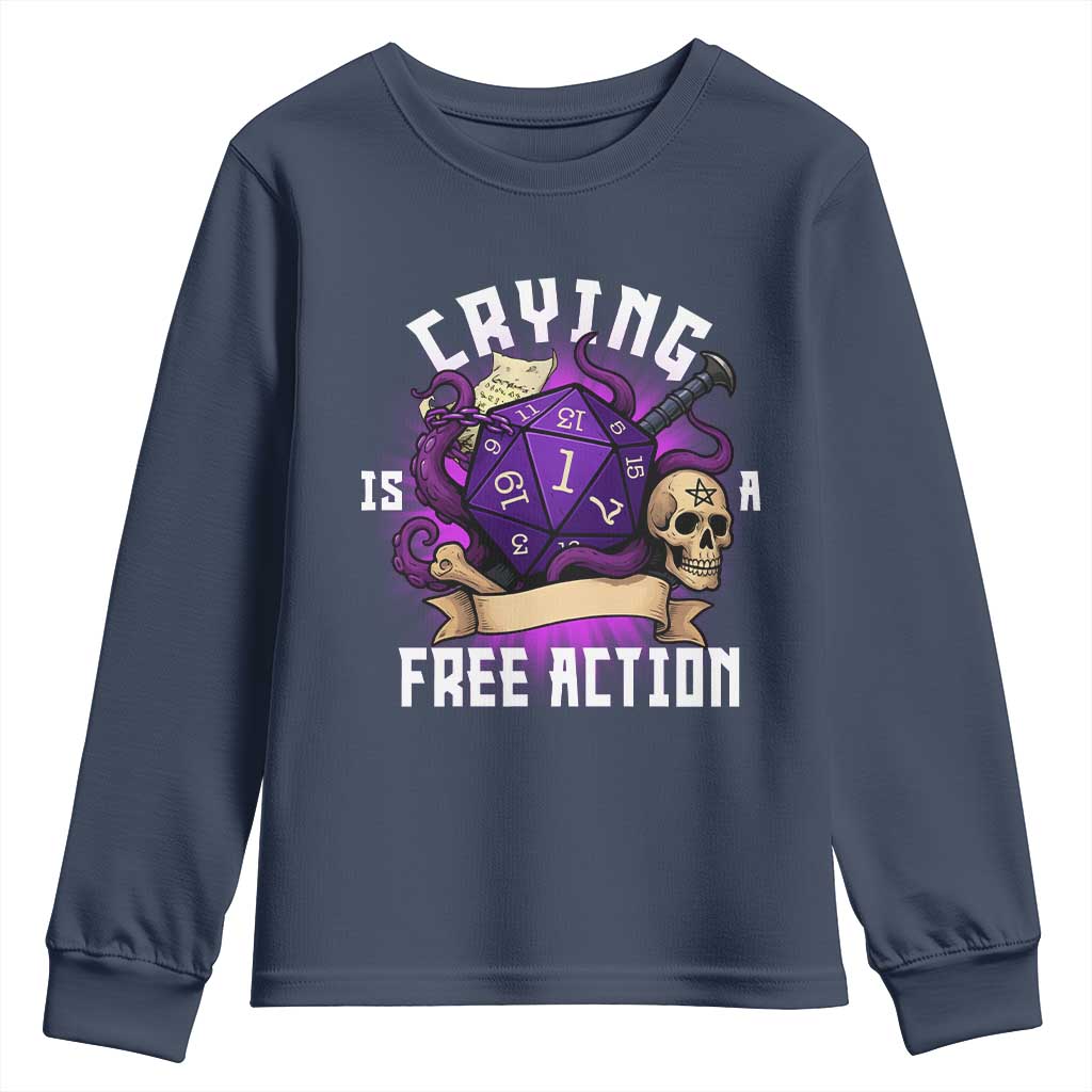 Funny RPG Gamer Crying Is A Free Action Youth Sweatshirt Vintage D20 Side Quests Tabletop - Wonder Print Shop