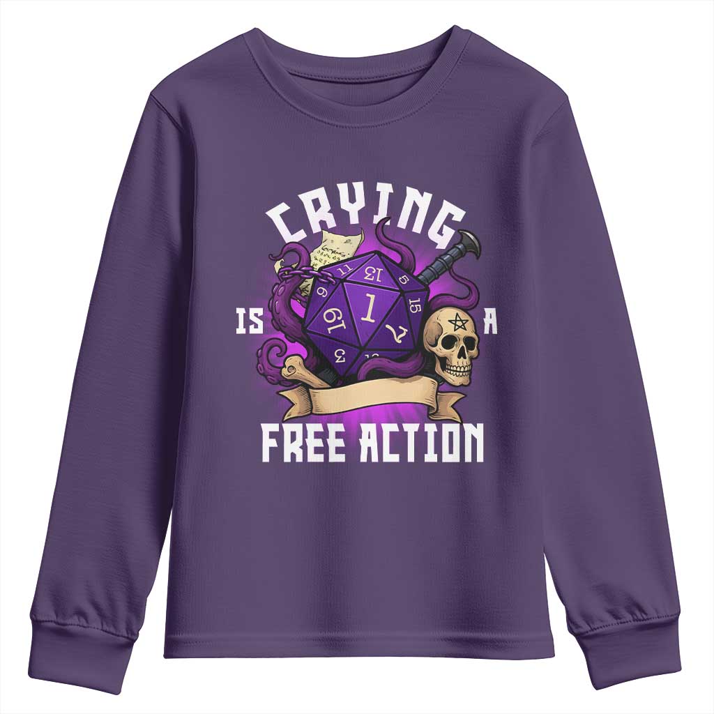 Funny RPG Gamer Crying Is A Free Action Youth Sweatshirt Vintage D20 Side Quests Tabletop - Wonder Print Shop