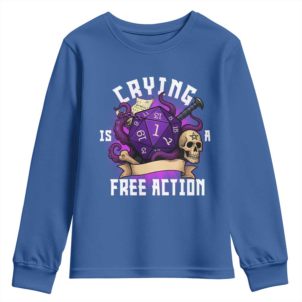 Funny RPG Gamer Crying Is A Free Action Youth Sweatshirt Vintage D20 Side Quests Tabletop - Wonder Print Shop