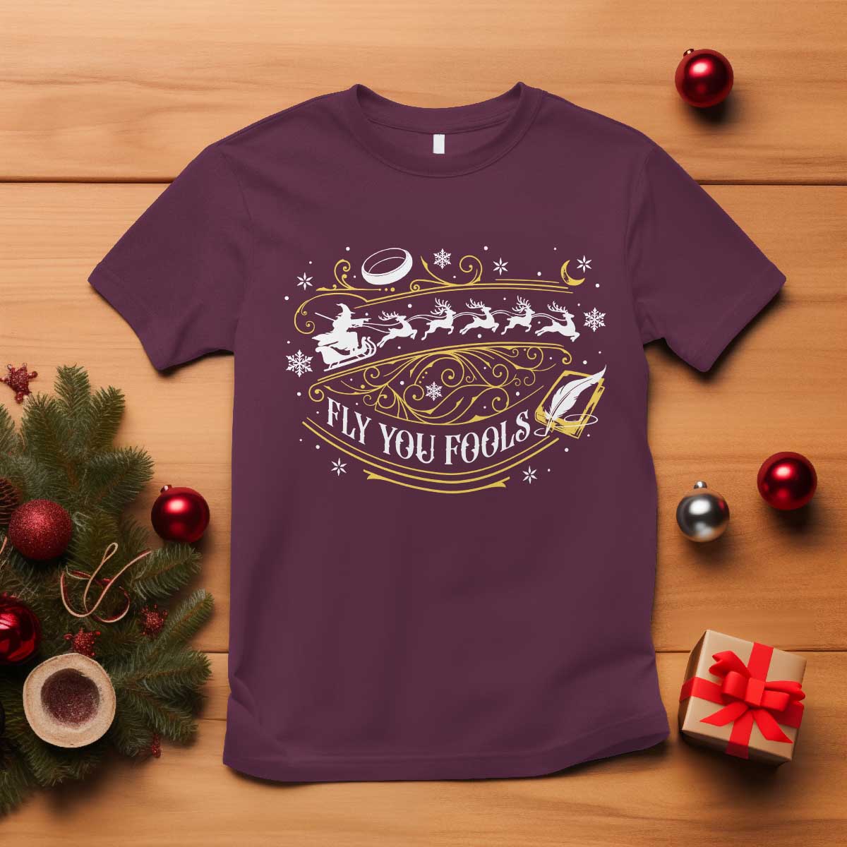 Funny Fly You Fools Christmas T Shirt Fantasy Movie Wizard Santa Sleigh - Wonder Print Shop