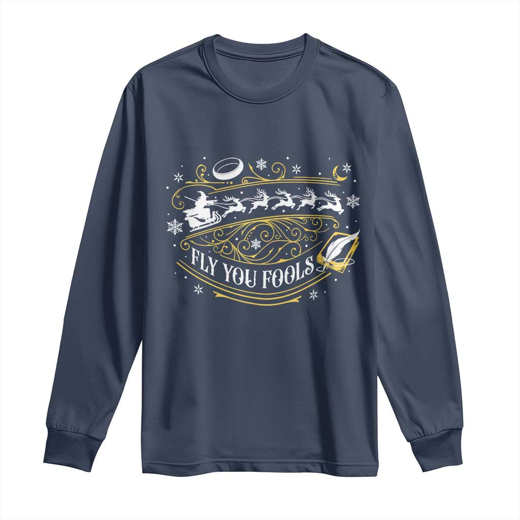 Funny Fly You Fools Christmas Long Sleeve Shirt Fantasy Movie Wizard Santa Sleigh - Wonder Print Shop