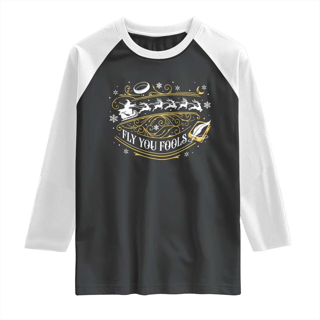 Funny Fly You Fools Christmas Raglan Shirt Fantasy Movie Wizard Santa Sleigh - Wonder Print Shop