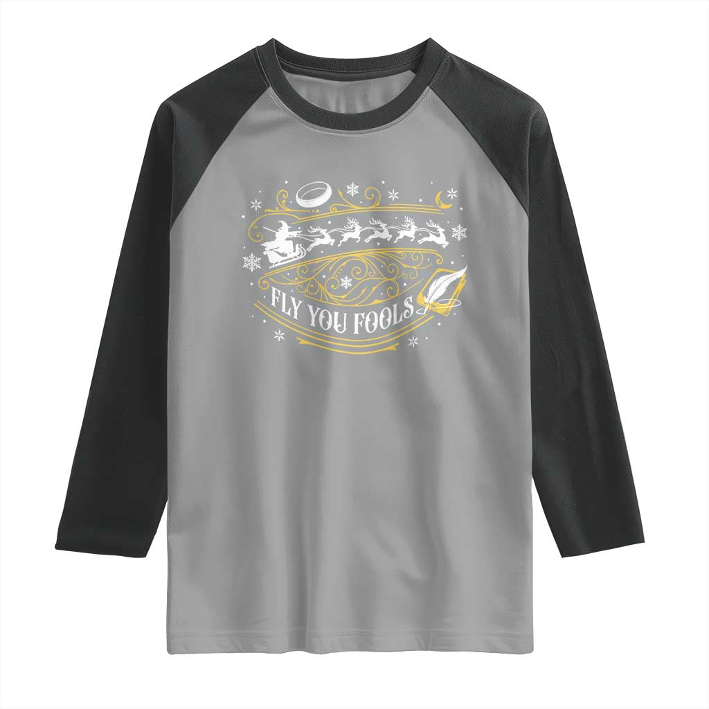 Funny Fly You Fools Christmas Raglan Shirt Fantasy Movie Wizard Santa Sleigh - Wonder Print Shop
