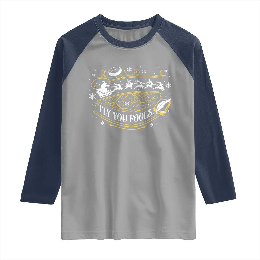 Funny Fly You Fools Christmas Raglan Shirt Fantasy Movie Wizard Santa Sleigh - Wonder Print Shop
