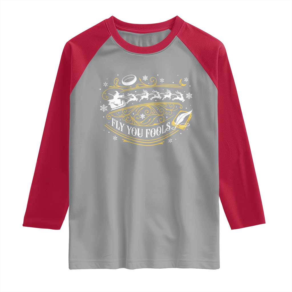 Funny Fly You Fools Christmas Raglan Shirt Fantasy Movie Wizard Santa Sleigh - Wonder Print Shop