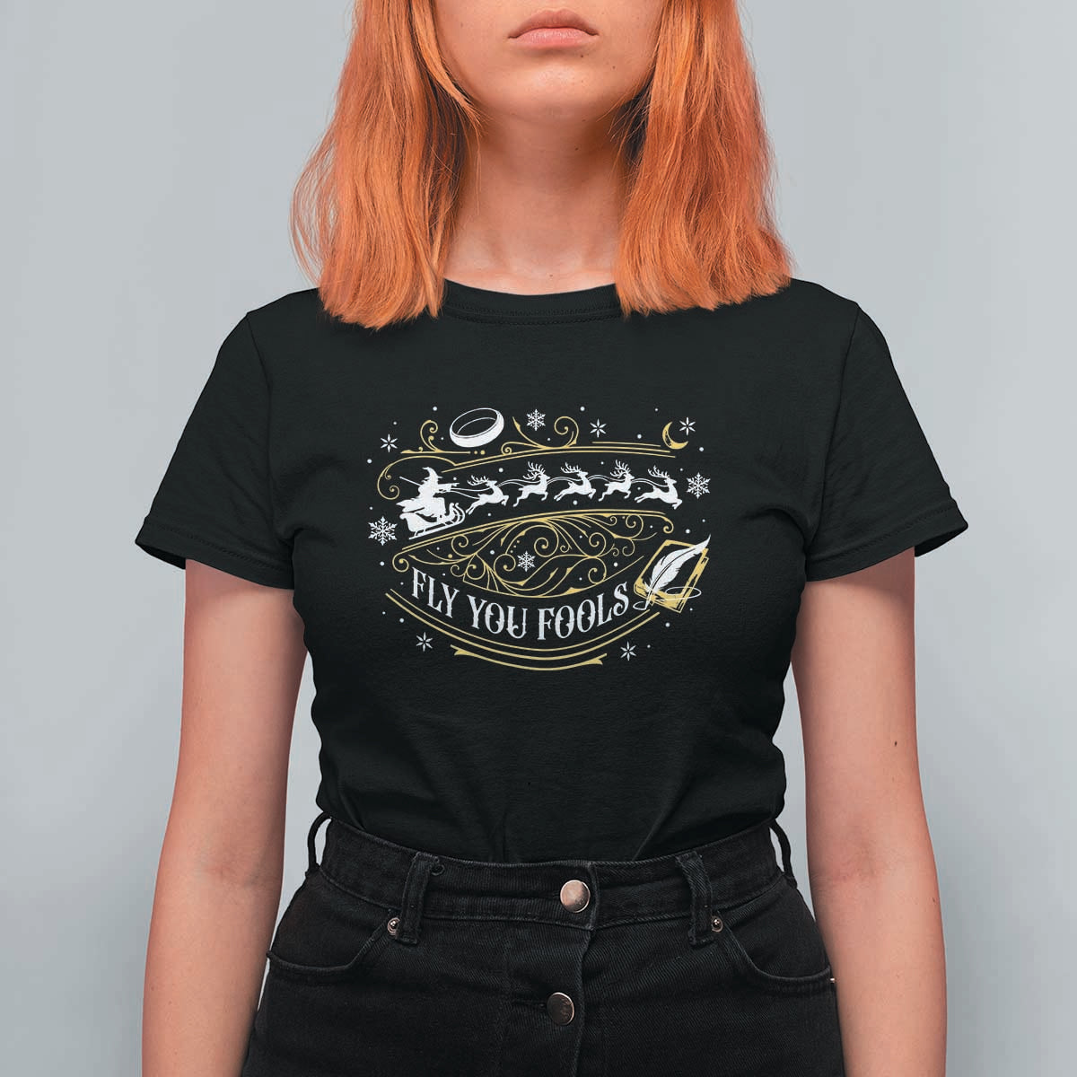 Funny Fly You Fools Christmas T Shirt For Women Fantasy Movie Wizard Santa Sleigh - Wonder Print Shop