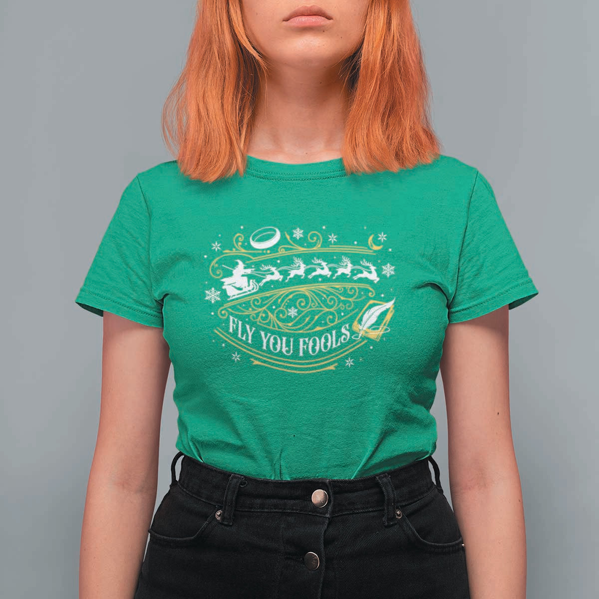 Funny Fly You Fools Christmas T Shirt For Women Fantasy Movie Wizard Santa Sleigh - Wonder Print Shop