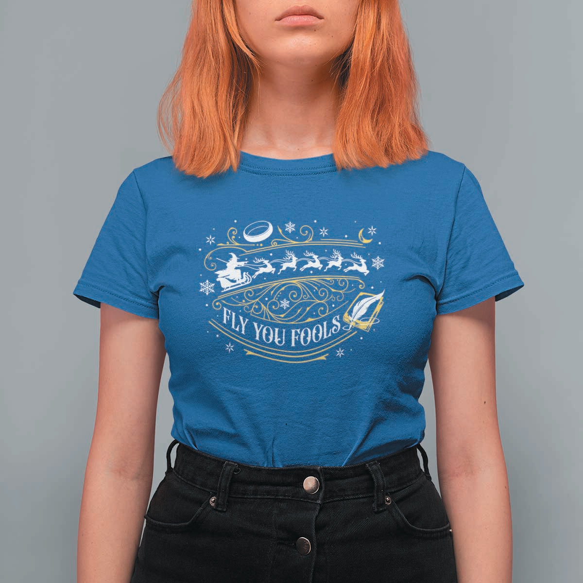 Funny Fly You Fools Christmas T Shirt For Women Fantasy Movie Wizard Santa Sleigh - Wonder Print Shop