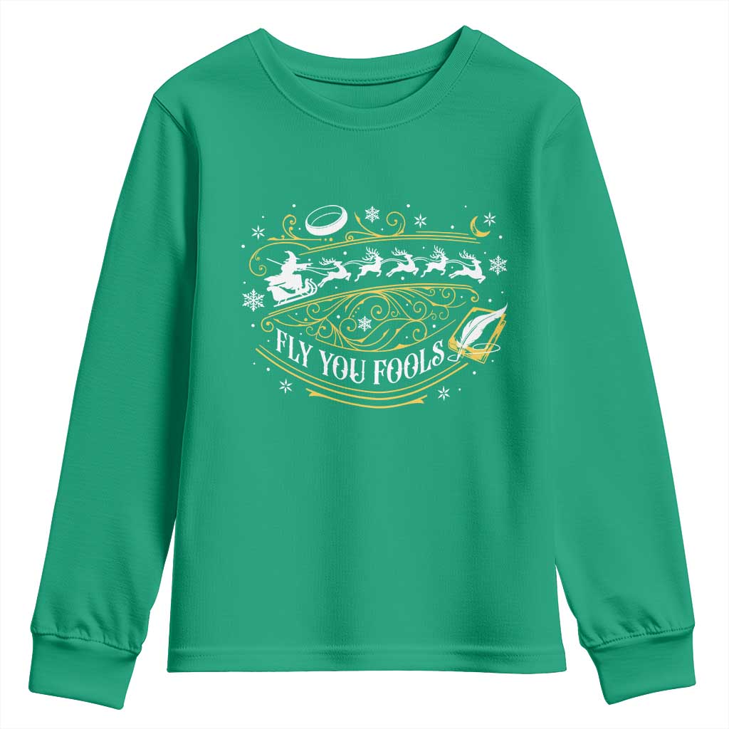 Funny Fly You Fools Christmas Youth Sweatshirt Fantasy Movie Wizard Santa Sleigh - Wonder Print Shop