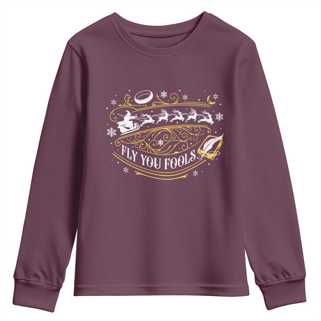 Funny Fly You Fools Christmas Youth Sweatshirt Fantasy Movie Wizard Santa Sleigh - Wonder Print Shop