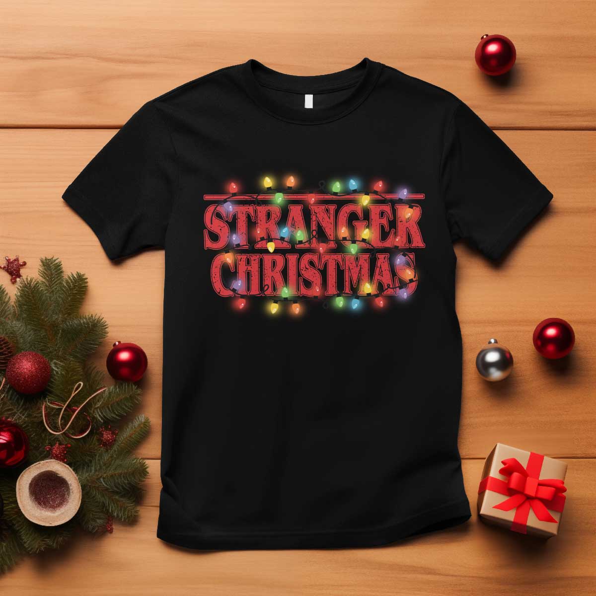Stranger Christmas T Shirt Funny Xmas Alphabet Neon Lights Movie - Wonder Print Shop