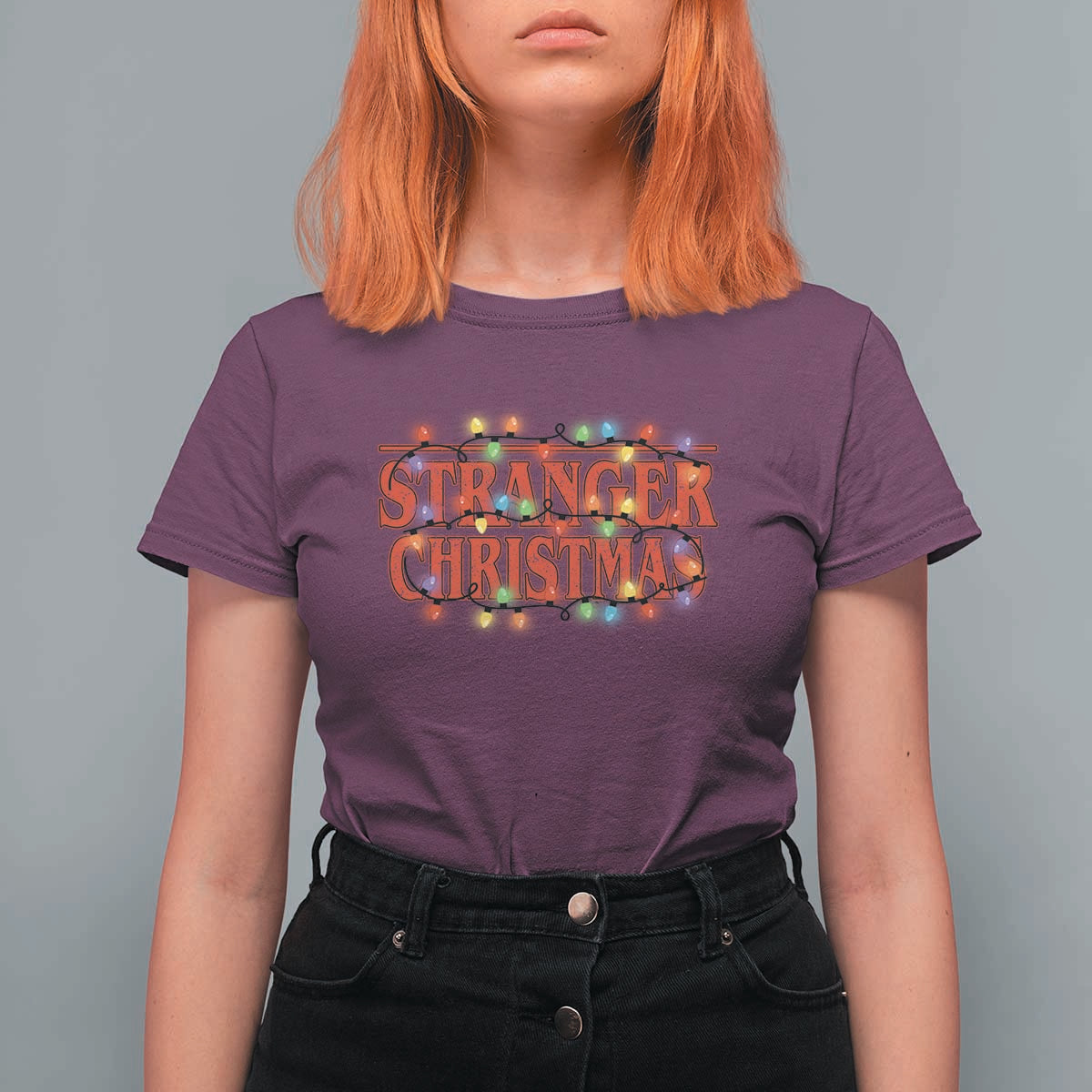 Stranger Christmas T Shirt For Women Funny Xmas Alphabet Neon Lights Movie - Wonder Print Shop