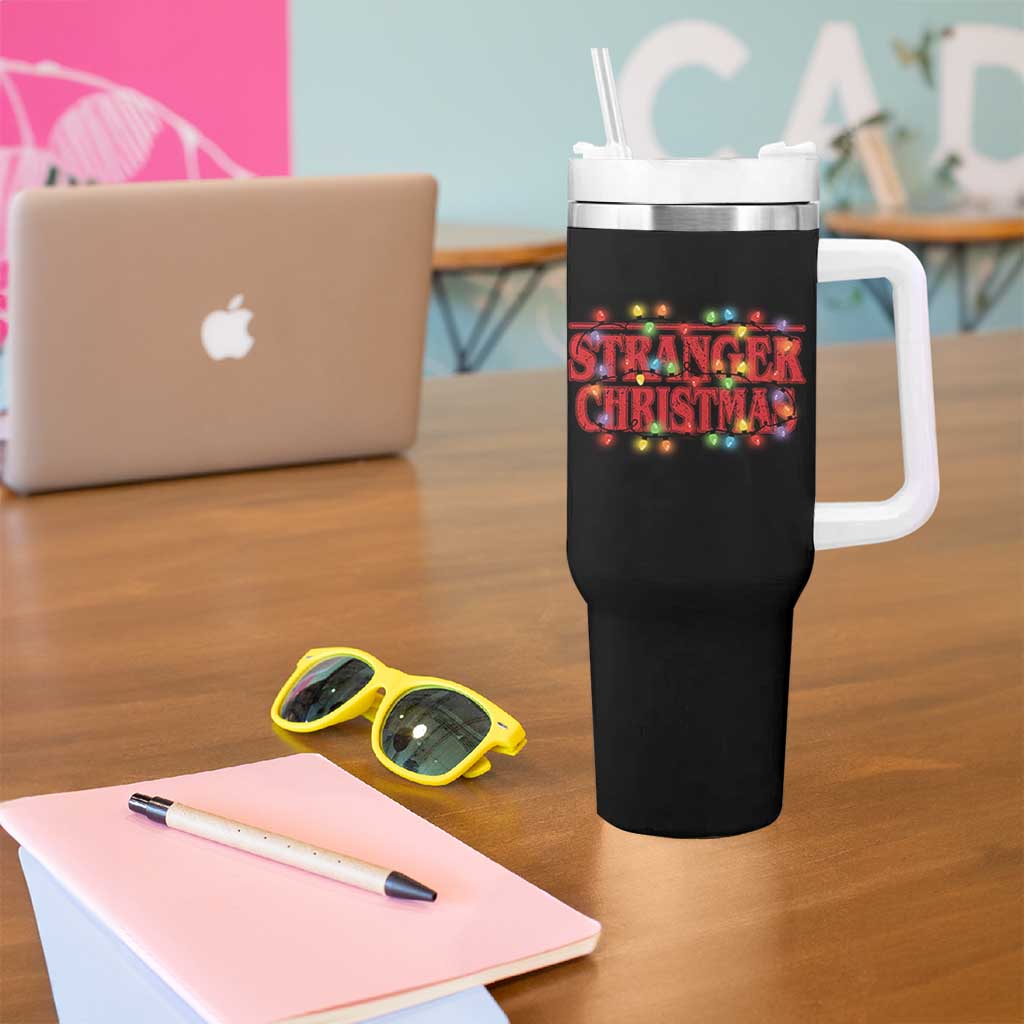 Stranger Christmas Tumbler With Handle Funny Xmas Alphabet Neon Lights Movie - Wonder Print Shop