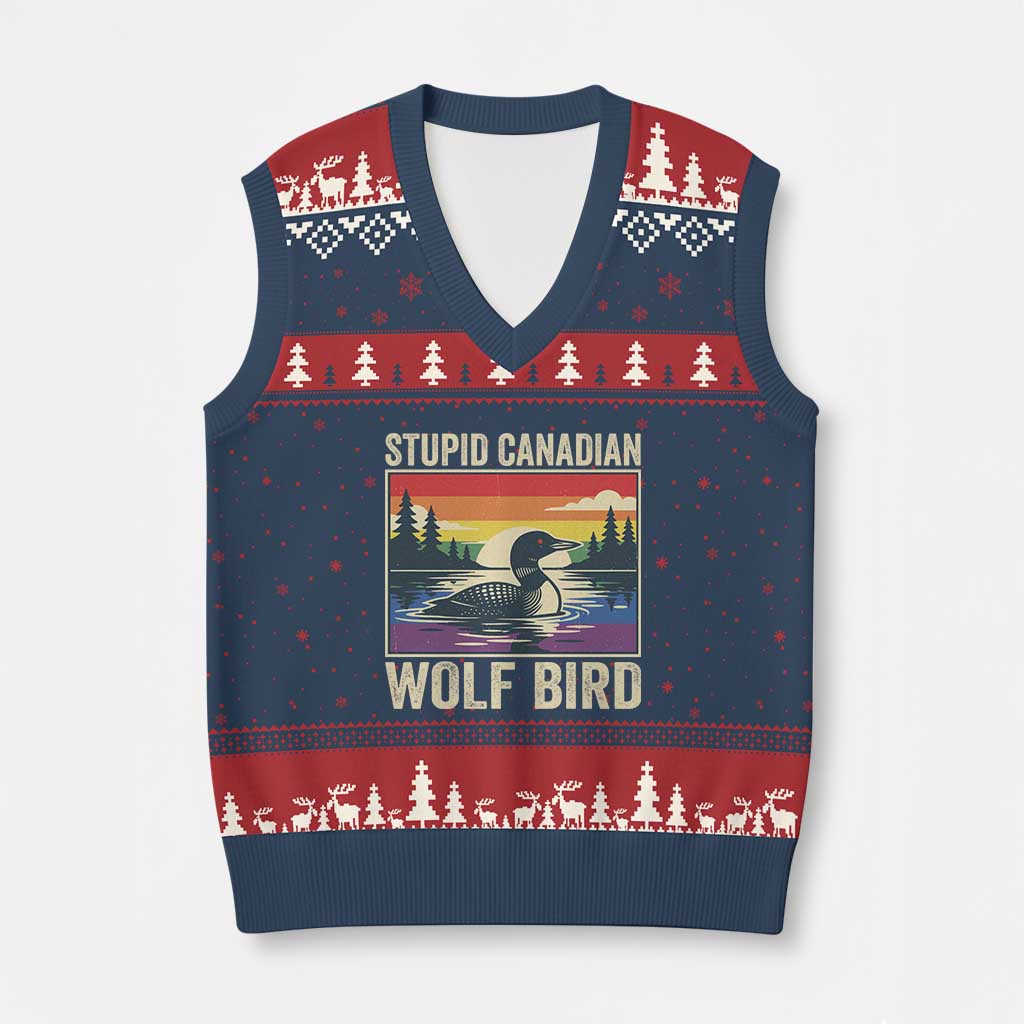 Stupid Canadian Wolf Bird V-Neck Knit Sweater Vest Funny Common Loon Meme LGBT Hockey - Wonder Print Shop
