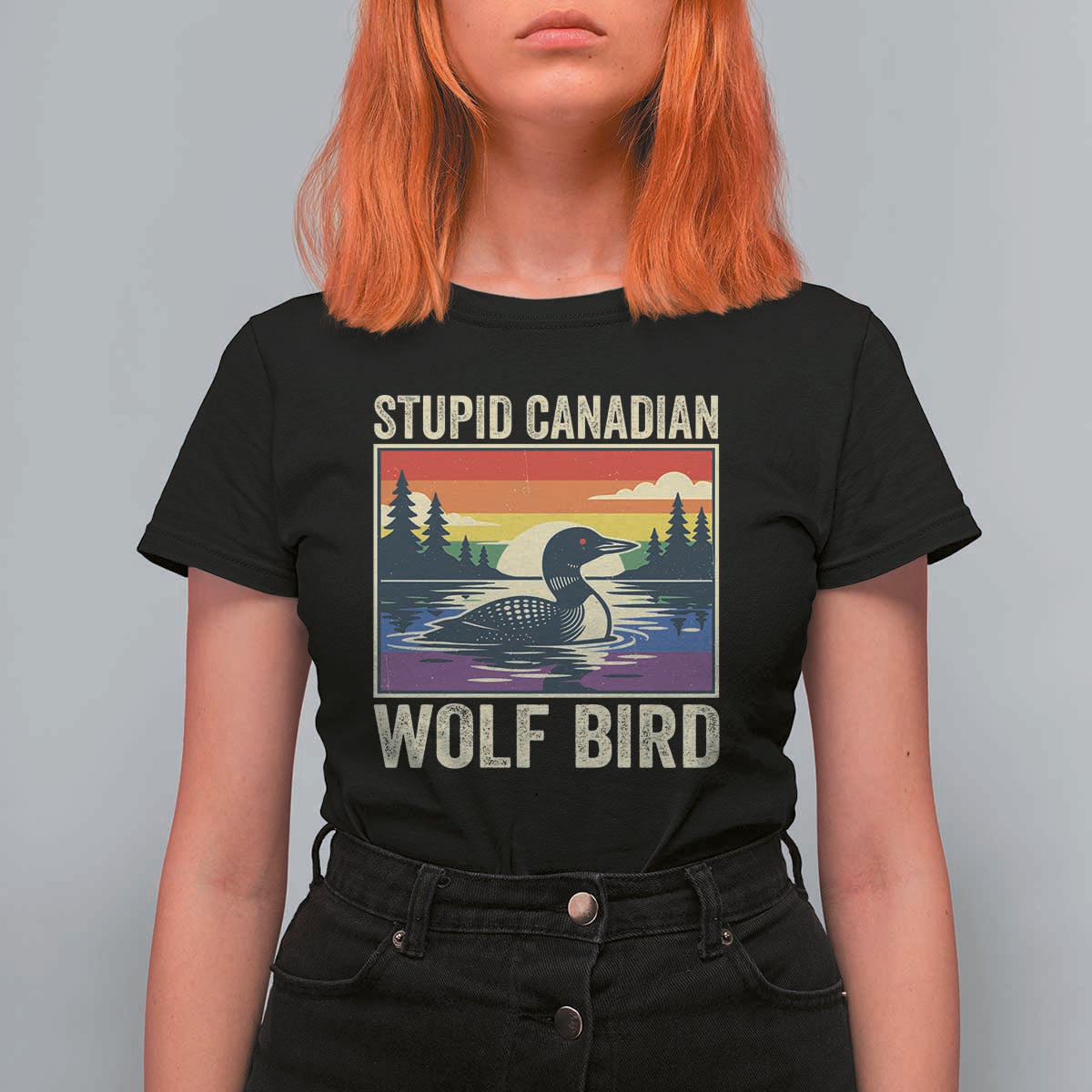 Stupid Canadian Wolf Bird T Shirt For Women Funny Common Loon Meme LGBT Hockey - Wonder Print Shop