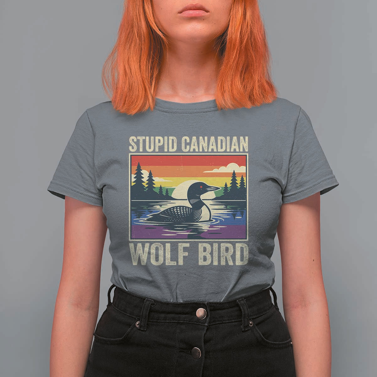 Stupid Canadian Wolf Bird T Shirt For Women Funny Common Loon Meme LGBT Hockey - Wonder Print Shop