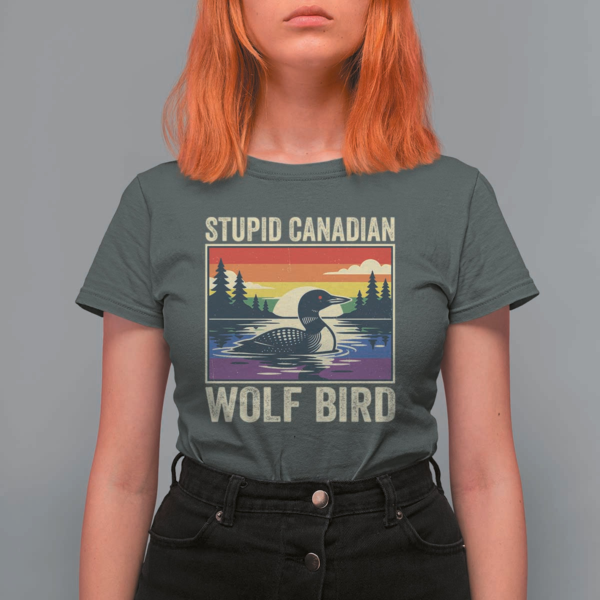 Stupid Canadian Wolf Bird T Shirt For Women Funny Common Loon Meme LGBT Hockey - Wonder Print Shop