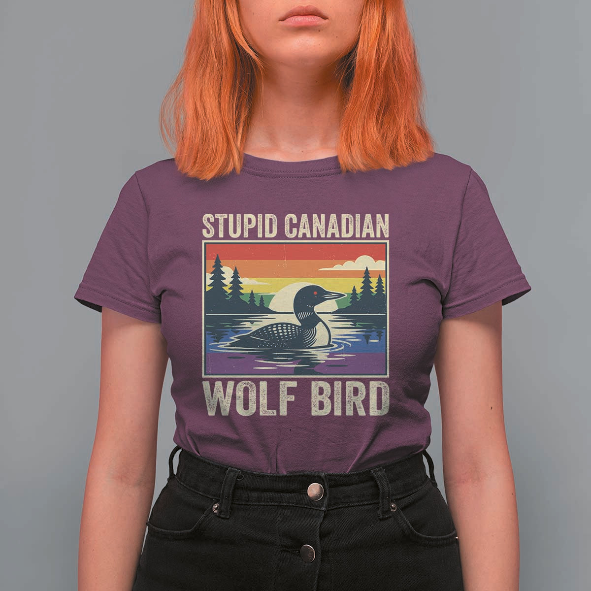 Stupid Canadian Wolf Bird T Shirt For Women Funny Common Loon Meme LGBT Hockey - Wonder Print Shop